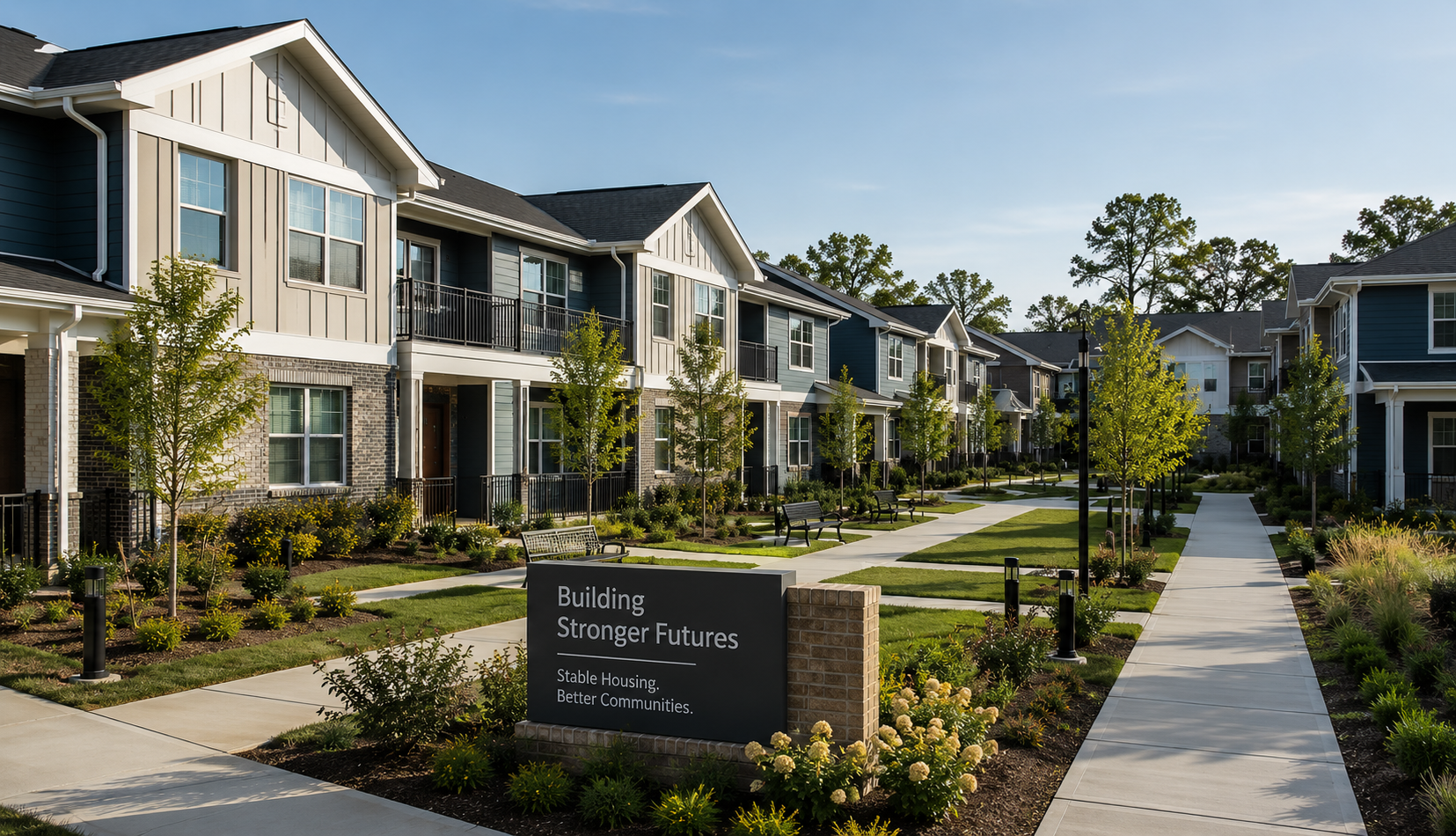 A welcoming community neighborhood street lined with homes